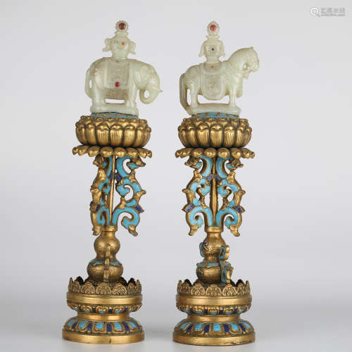 18th,A pair of cloisonne inlaid with white jade