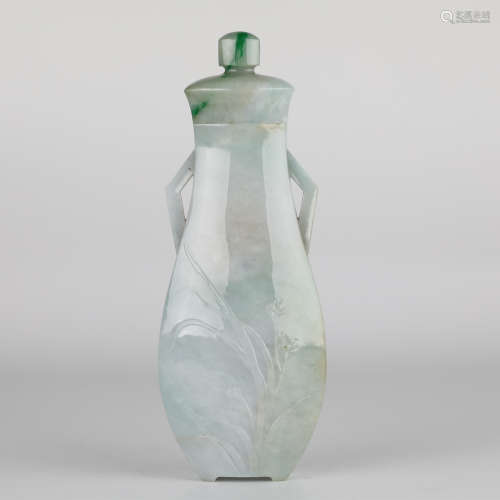 19th,Emerald carved double ear orchid pattern bottle