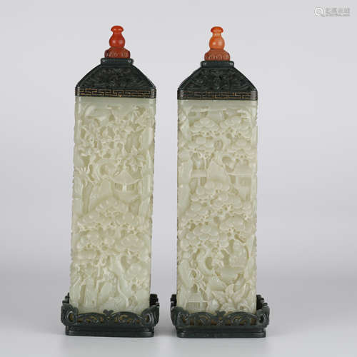 19th,Hotan jade tongjing landscape incense tube