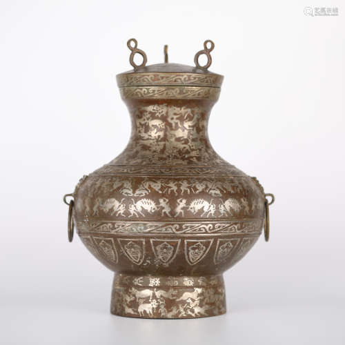 Han,Copper pot with silver inlay