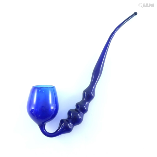 A Victorian Nailsea blue glass pipe, fou