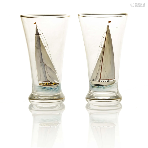 A pair of enamelled glass lemonade glass