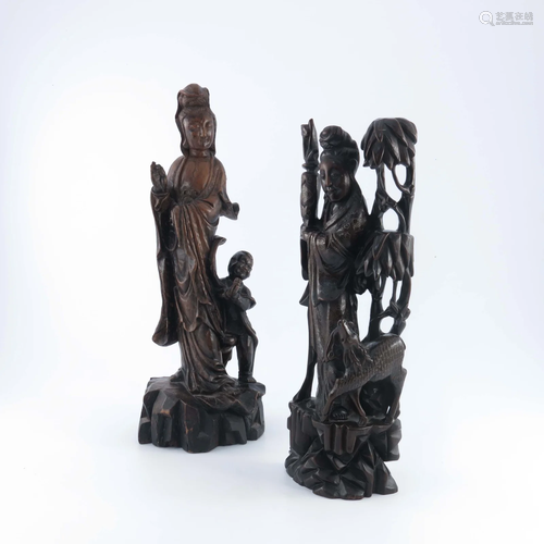 Two Chinese carved hardwood figures, one