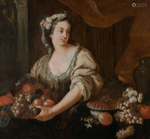 École française vers 1720.Jeune femme portant une corbeille ...