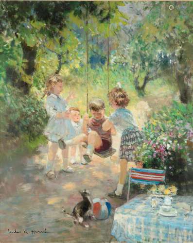 Jules-René HERVÉ (Langres, 1887 - 1981).Enfants à la balanço...