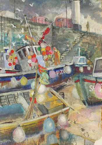 Geoffrey Underwood - St Ives harbour scene with moored