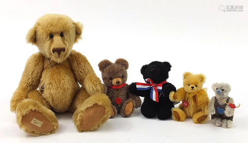 Five articulated teddy bears to include Deans Rag Book,