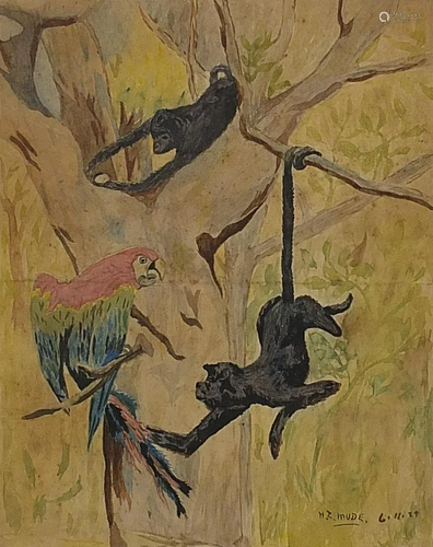 Monkeys and parrot, 20th century watercolour, signed H