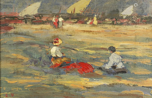 Figures on a beach before moored boats, oil on canvas,