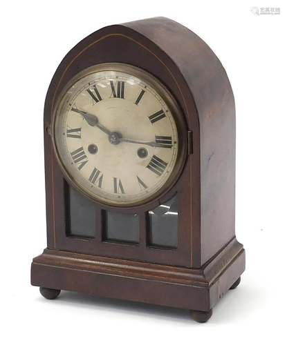 Inlaid mahogany striking mantle clock, 31cm high