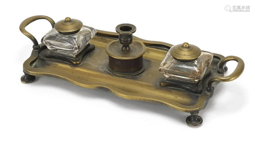 Victorian brass desk stand having two glass inkwells