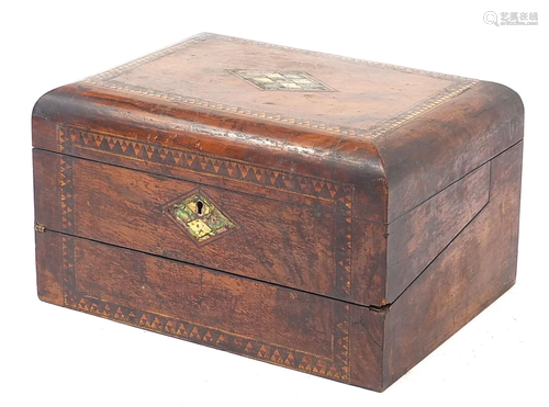 Victorian inlaid walnut workbox with writing slope,