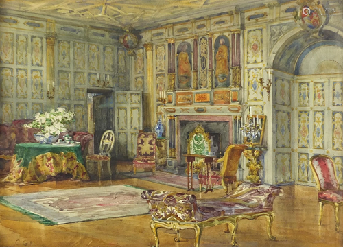 Interior scene with chaise longue and flowers,