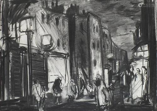 Manner of Leon Kossoff - Street scene with figures,