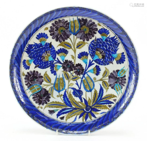 Turkish Iznik pottery plate hand painted with flowers,