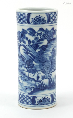 Chinese blue and white brush pot hand painted with a