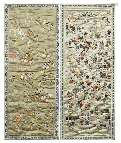 Pair of Chinese silk panels embroidered with one