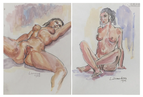 L Zimodan 1975 - Nude females, pair of watercolour and