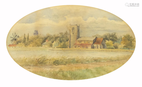 Water before a church and windmill, oval watercolour,