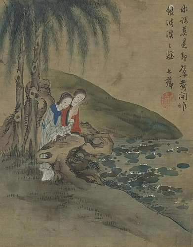 Females beside water, Chinese watercolour on silk with