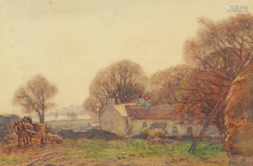 David A Baxter - Workhorse and cart beside a cottage,