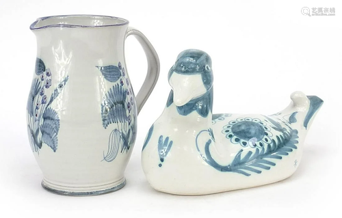 Rye Pottery blue and white jug and blue and white duck