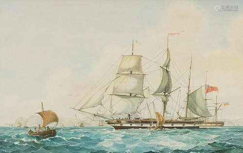 British frigate on water, maritime watercolour,