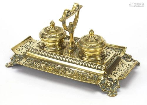 Victorian ornate brass double ink stand, 27cm wide