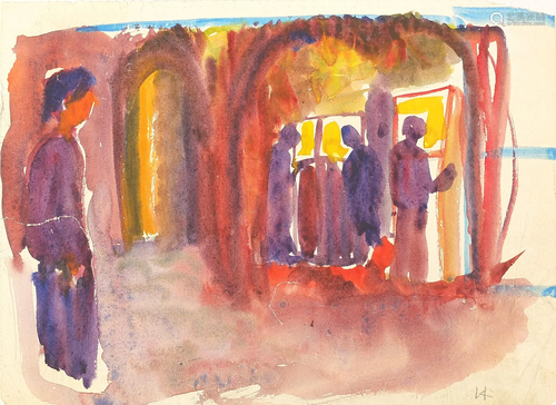 Figures in an interior, watercolour on paper, mounted,