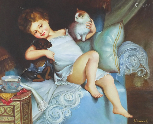 Young girl with cat and dog in an interior, oil on