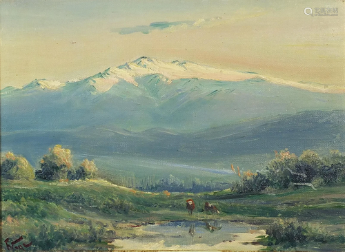 Cattle before mountains, oil on panel, bearing an