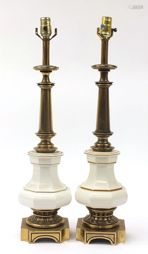 Pair of porcelain and brass Stiffel design table lamps,