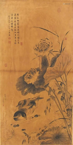 Chinese hand painted wall hanging of flowers with birds