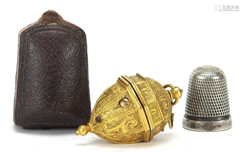 Charles Horner silver thimble with leather case and a