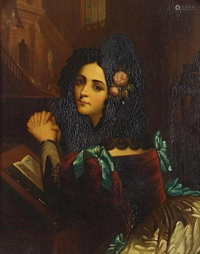 Rosina, young Spanish lady at prayer, antique oil on