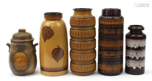 Four West German pottery vases and a rumtopf, the