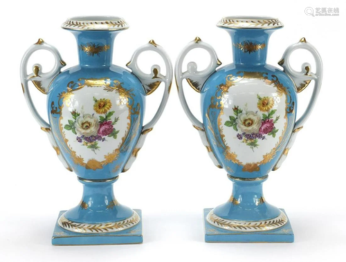 Pair of French blue porcelain vases with twin handles