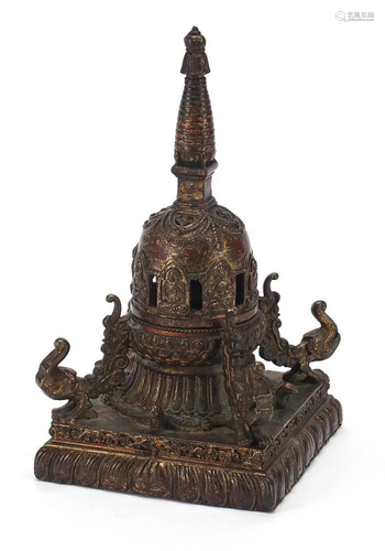 Chino Tibetan gilt bronze stupa onto a square base,