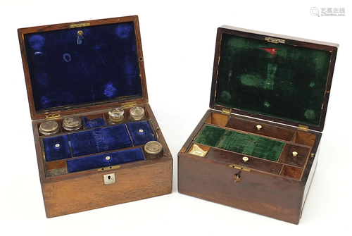 Two rosewood work boxes with mother of pearl inlay and