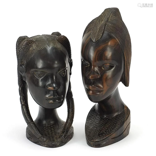 Pair of African carved hardwood busts of tribeswomen,