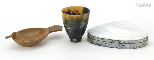 Objects including a carved Scandinavian cup and horn