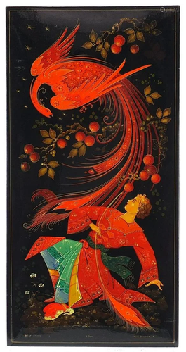 Russian lacquered wall plaque of a figure and a bird,