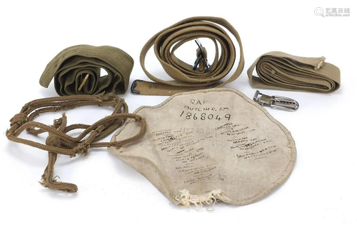 Militaria including canvas belts and material inscribed