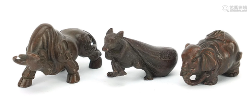 Three Japanese patinated bronze animals comprising