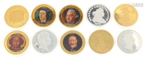 Ten commemorative coins depicting American eagle, Queen