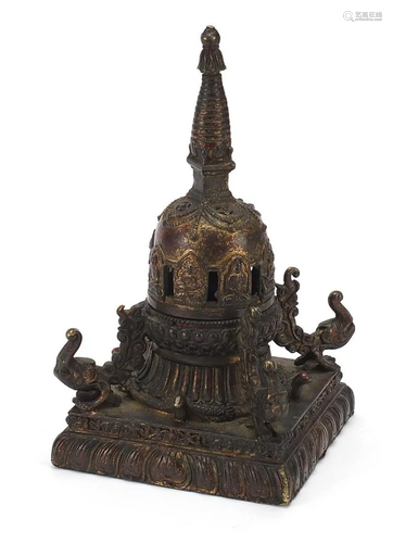 Chino Tibetan gilt patinated bronze stupa on square