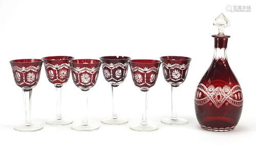 Set of six Bohemian ruby flashed cut glasses and a