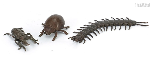 Three Japanese patinated bronze insects comprising