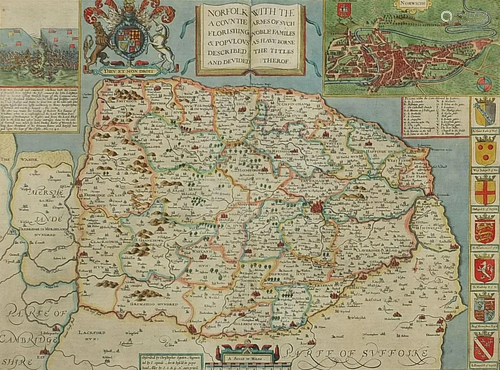 John Speed, Antique hand coloured map of Norfolk,