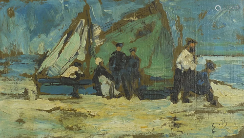 Fishermen resting beside boats, oil on canvas bearing